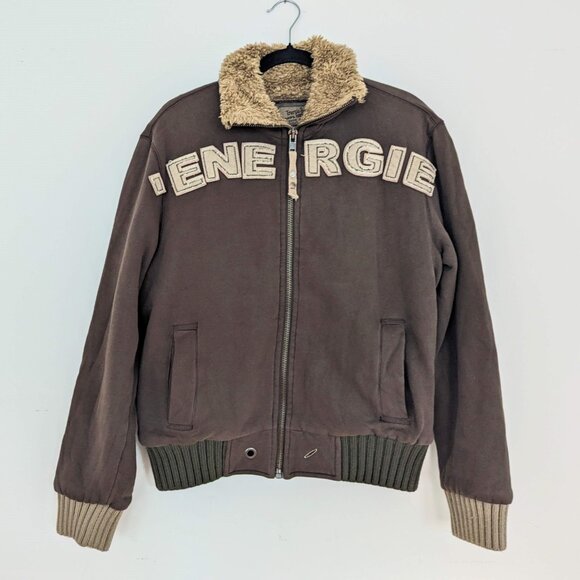 Vintage ENERGIE Faux Fur Zip Twin Pocket Spell Large Men's Jacket RARE Size M - Picture 1 of 6
